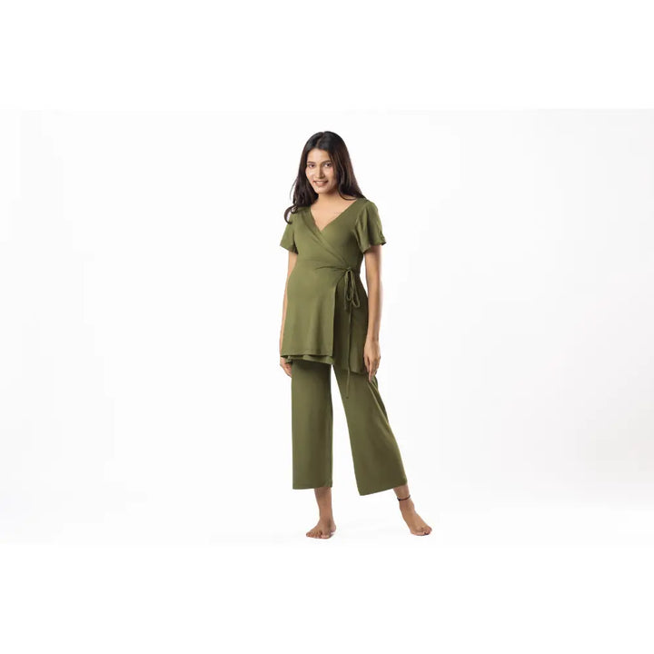 Block Hop Olive Maternity Wrap Co-Ord Set - Olive, Size - XXL