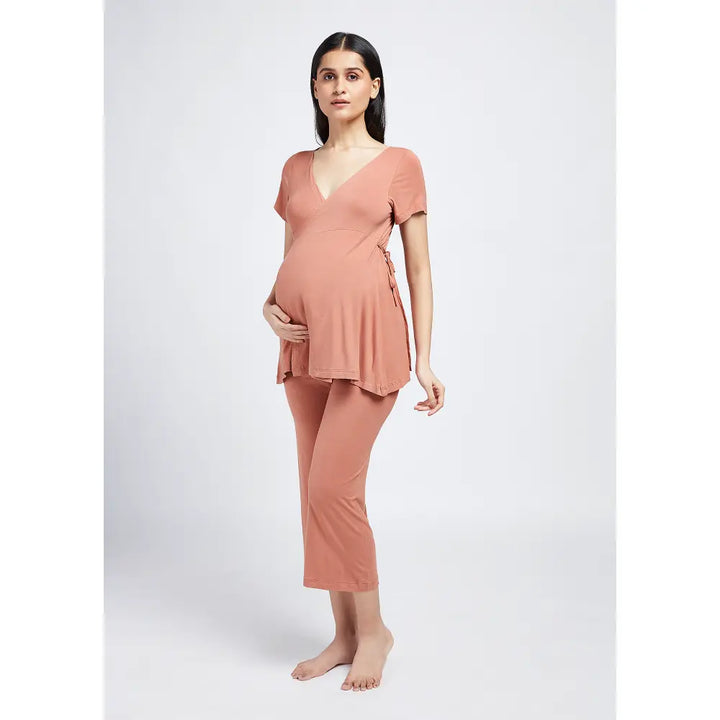 Block Hop Old Rose Maternity Wrap Co-Ord Set - Old Rose, Size - XL