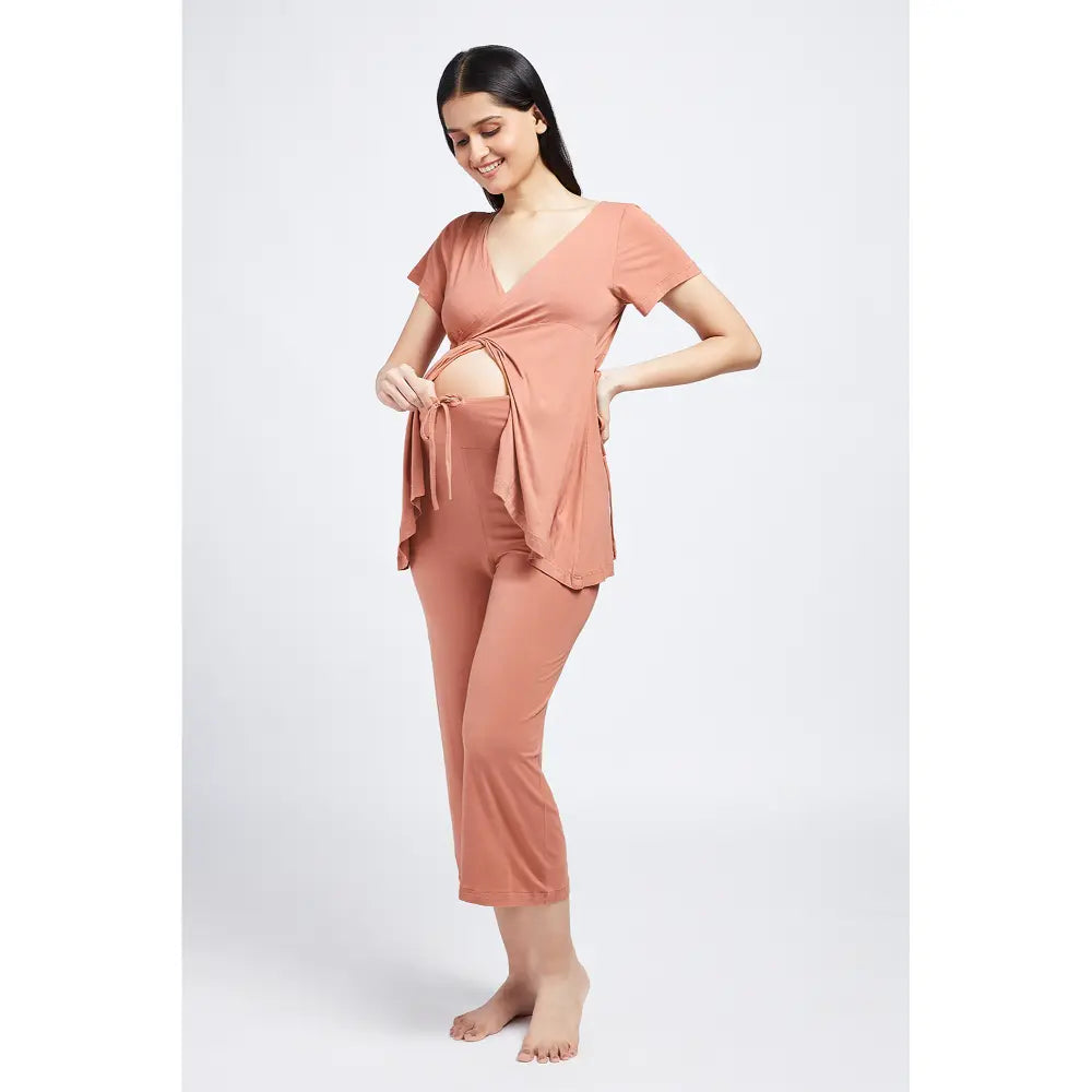 Block Hop Old Rose Maternity Wrap Co-Ord Set - Old Rose, Size - XXXL