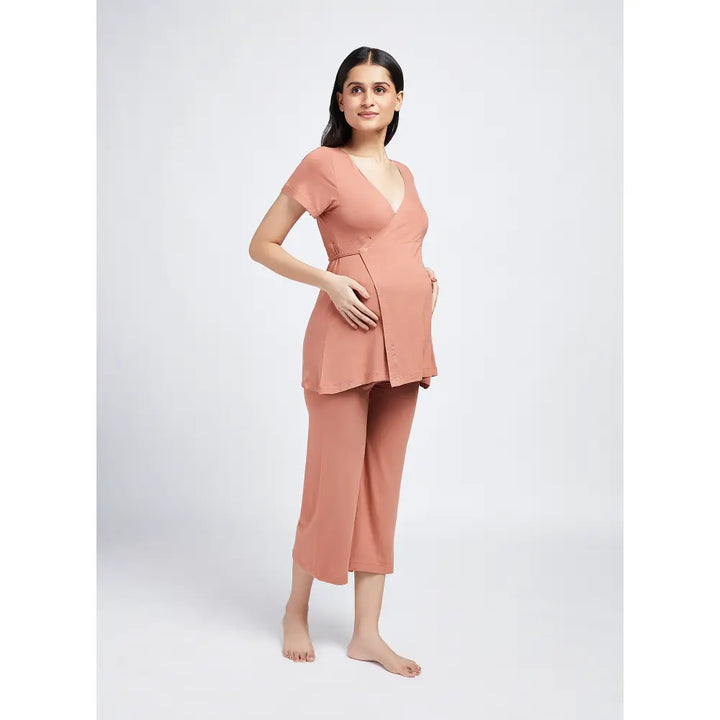 Block Hop Old Rose Maternity Wrap Co-Ord Set - Old Rose, Size - M