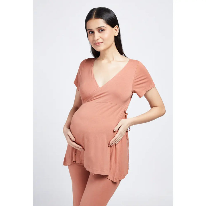 Block Hop Old Rose Maternity Wrap Co-Ord Set - Old Rose, Size - XXXL