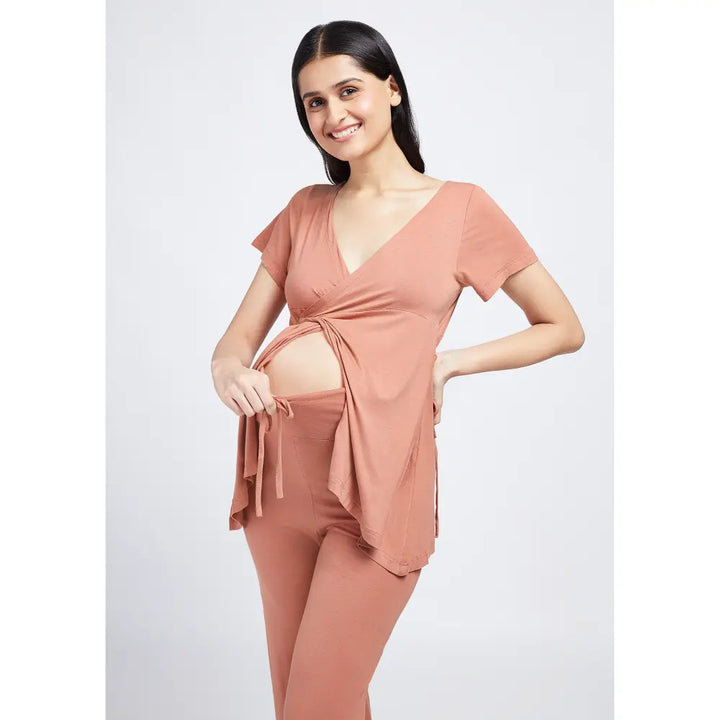 Block Hop Old Rose Maternity Wrap Co-Ord Set - Old Rose, Size - XXXL