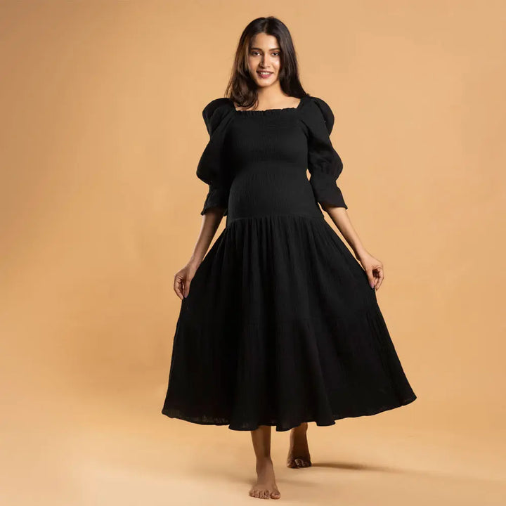 Block Hop Black Waffle Muslin Dress - Black, Size - S/M