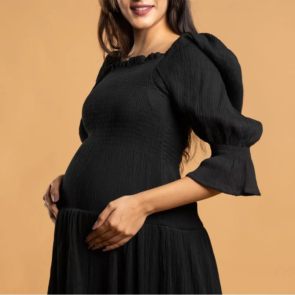 Block Hop Black Waffle Muslin Dress - Black, Size - S/M
