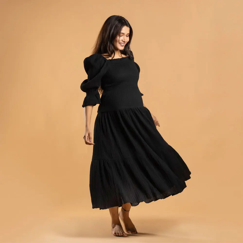 Block Hop Black Waffle Muslin Dress - Black, Size - L/XL