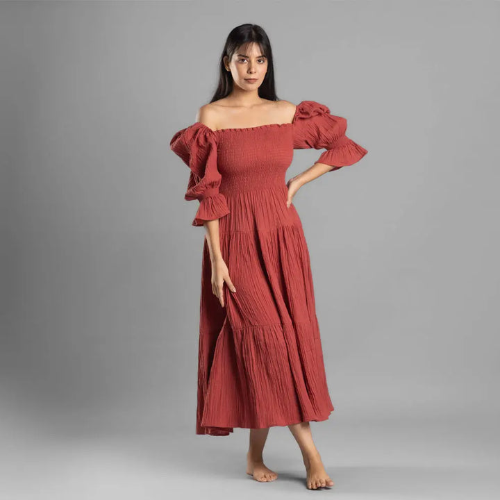 Block Hop Red Waffle Muslin Dress - Red, Size - L/XL