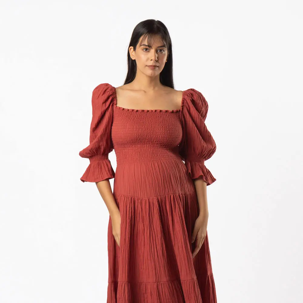 Block Hop Red Waffle Muslin Dress - Red, Size - L/XL
