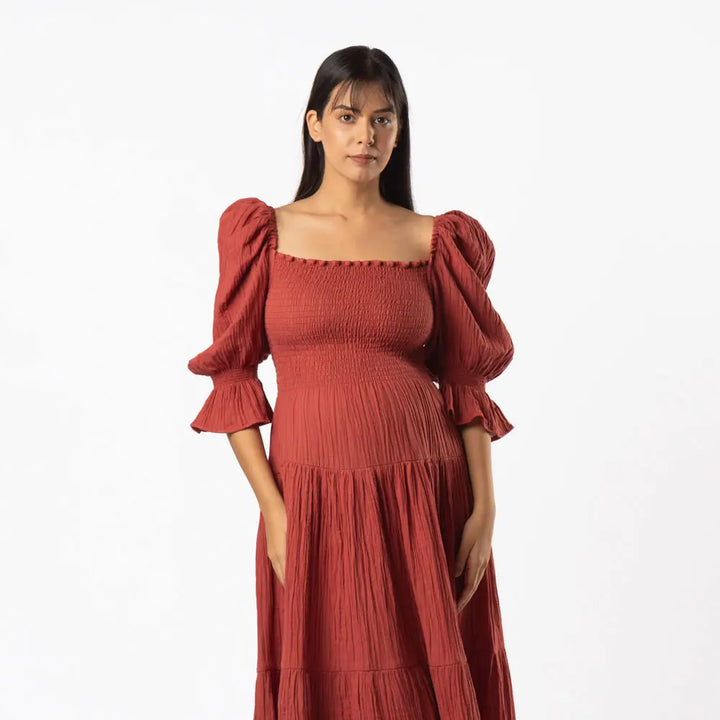 Block Hop Red Waffle Muslin Dress - Red, Size - L/XL