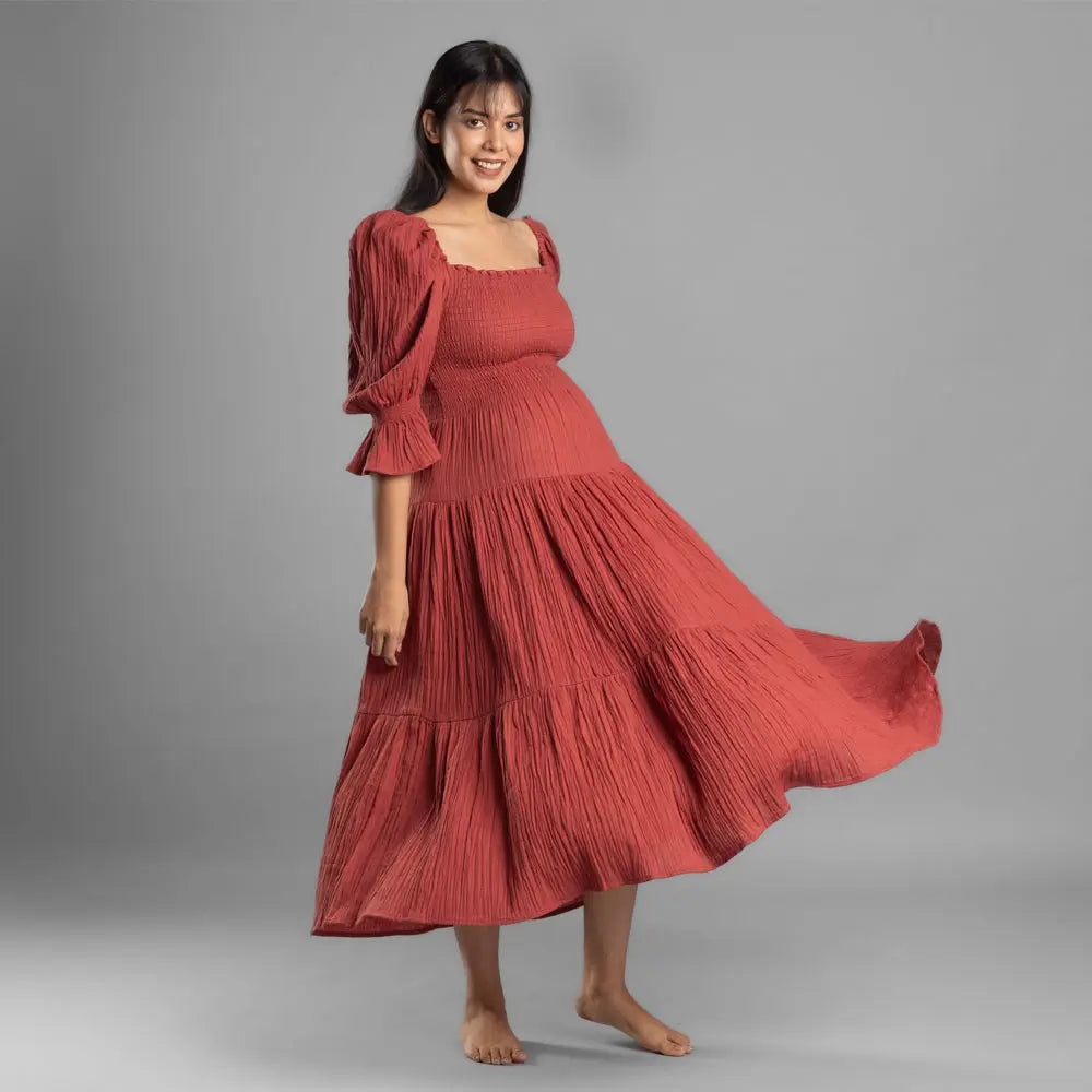 Block Hop Red Waffle Muslin Dress - Red, Size - L/XL