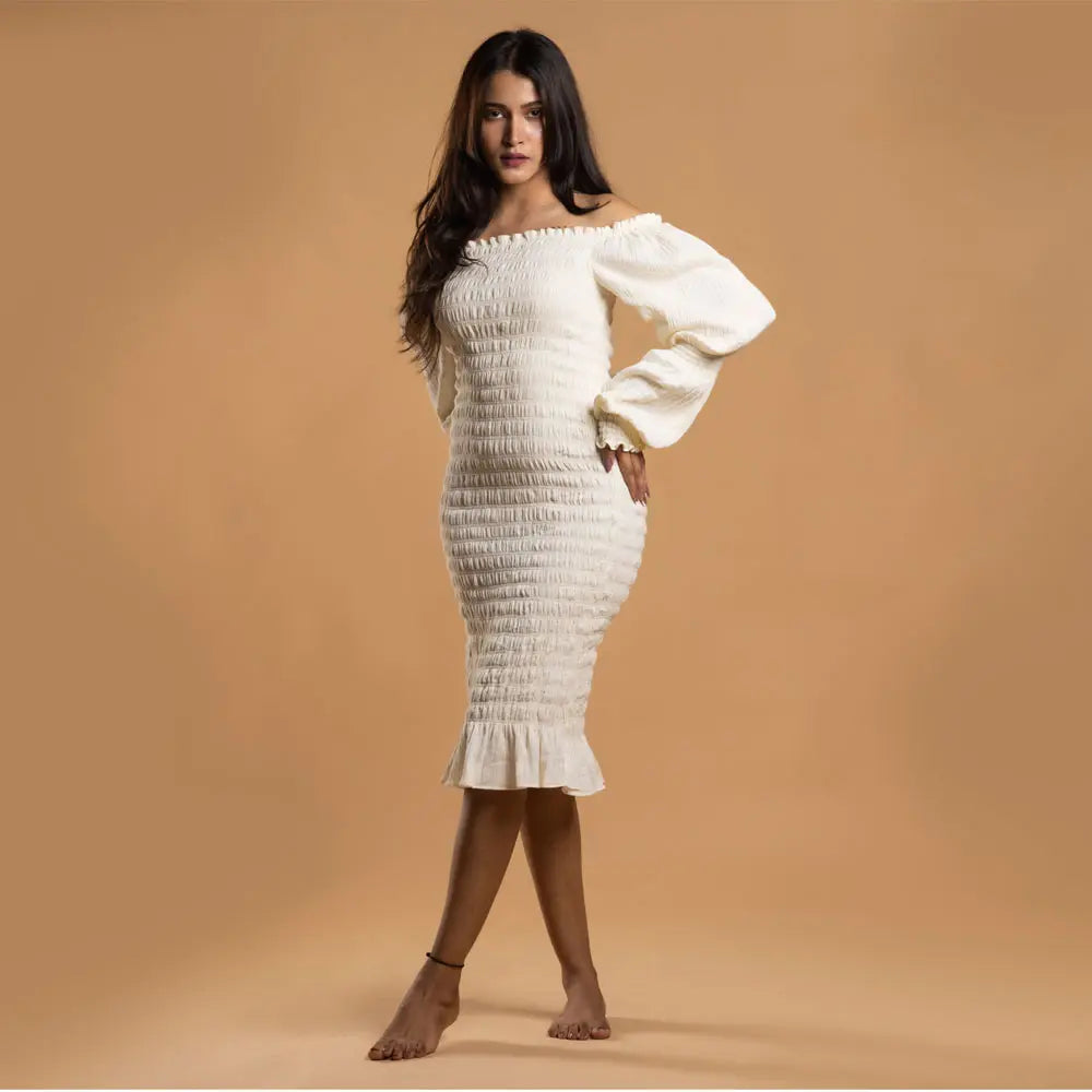 Block Hop White Waffle Body Con Dress - White, Size - S/M