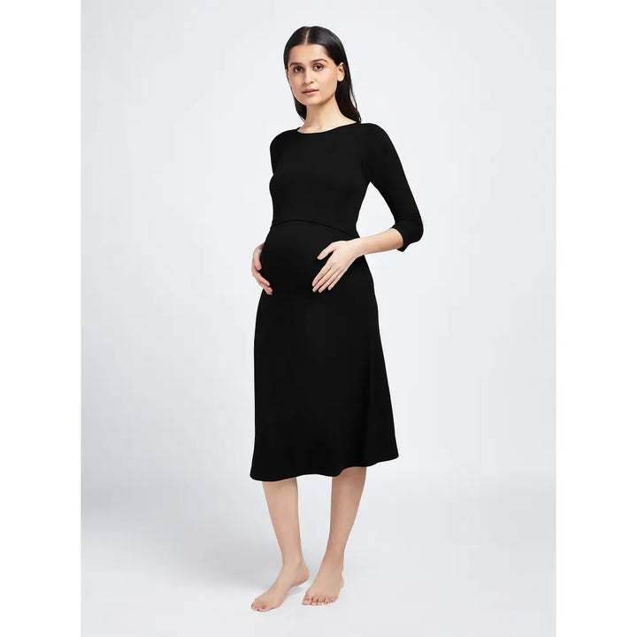 Block Hop Black Maternity &amp; Nursing Midi Dress - Black, Size - XL