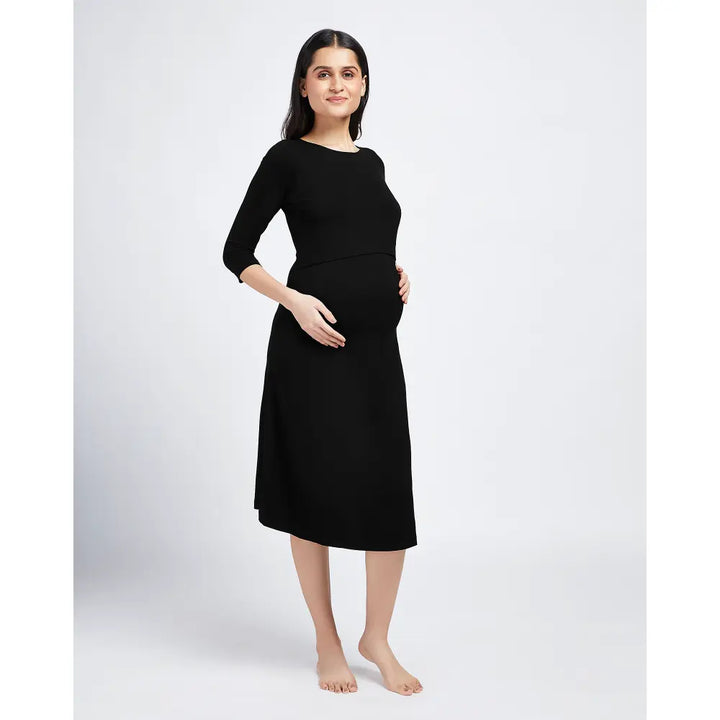 Block Hop Black Maternity &amp; Nursing Midi Dress - Black, Size - S