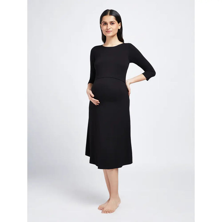 Block Hop Black Maternity &amp; Nursing Midi Dress - Black, Size - L