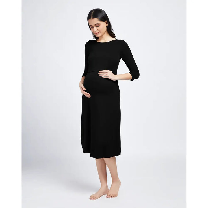 Block Hop Black Maternity &amp; Nursing Midi Dress - Black, Size - M