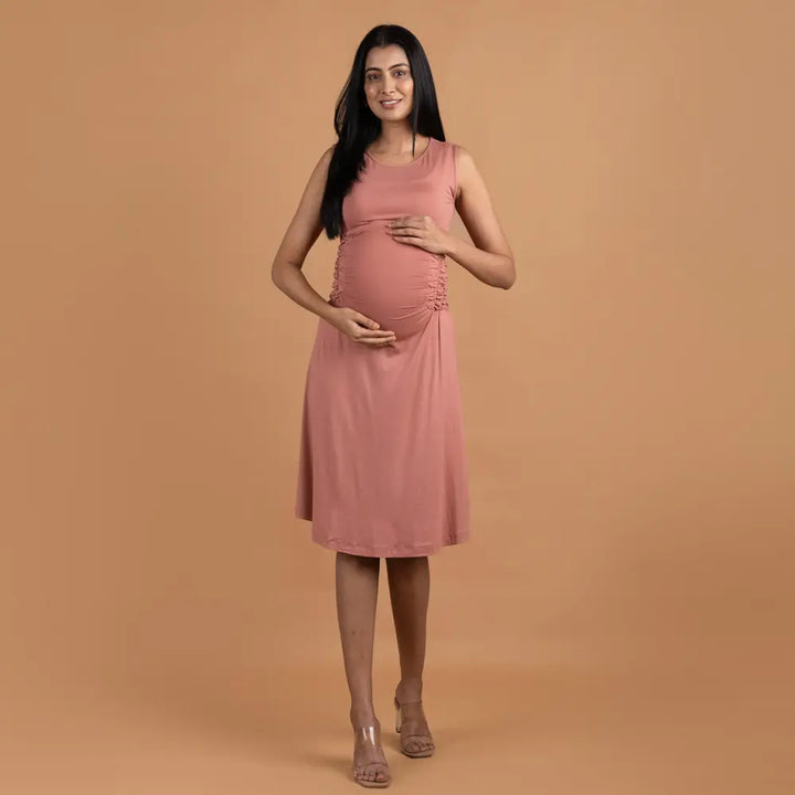 Block Hop Old Rose Sleeveless Gathered Dress - Old Rose, Size - M