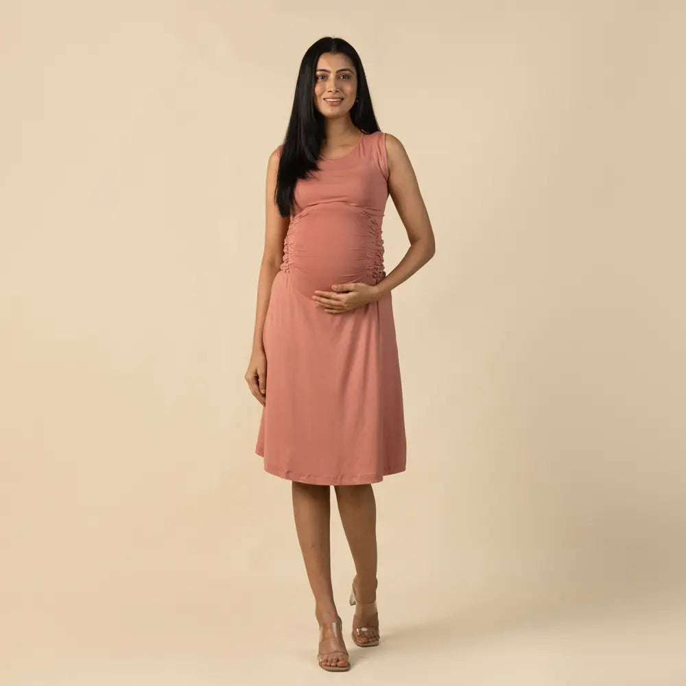 Block Hop Old Rose Sleeveless Gathered Dress - Old Rose, Size - S
