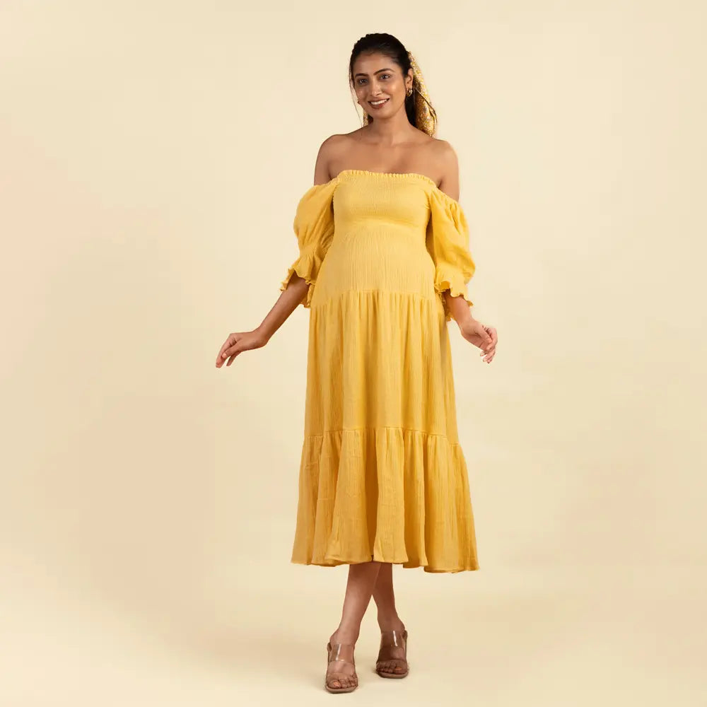 Block Hop Yellow Waffle Muslin Dress - Yellow, Size - S/M
