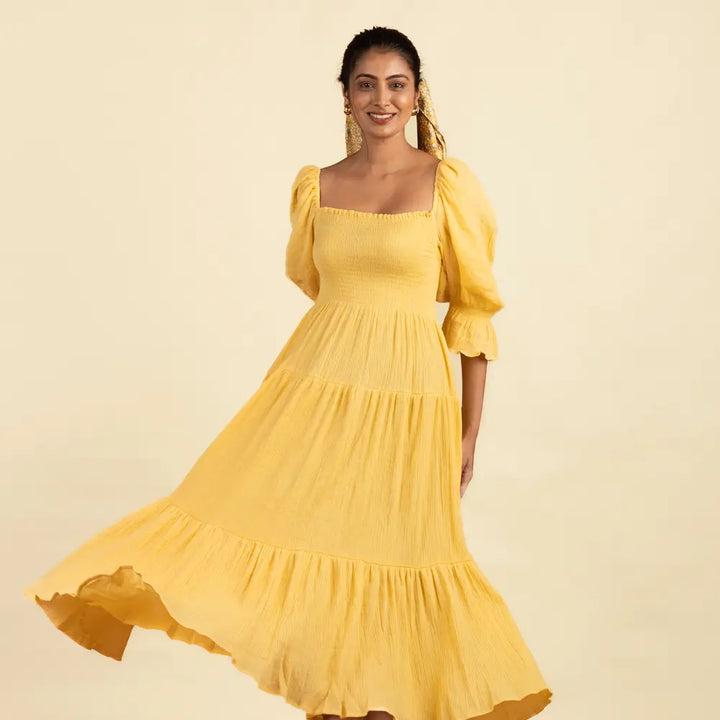 Block Hop Yellow Waffle Muslin Dress - Yellow, Size - XXL/XXXL