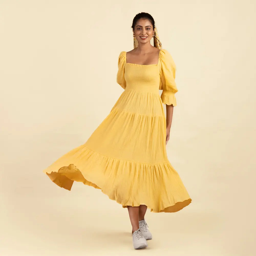 Block Hop Yellow Waffle Muslin Dress - Yellow, Size - S/M
