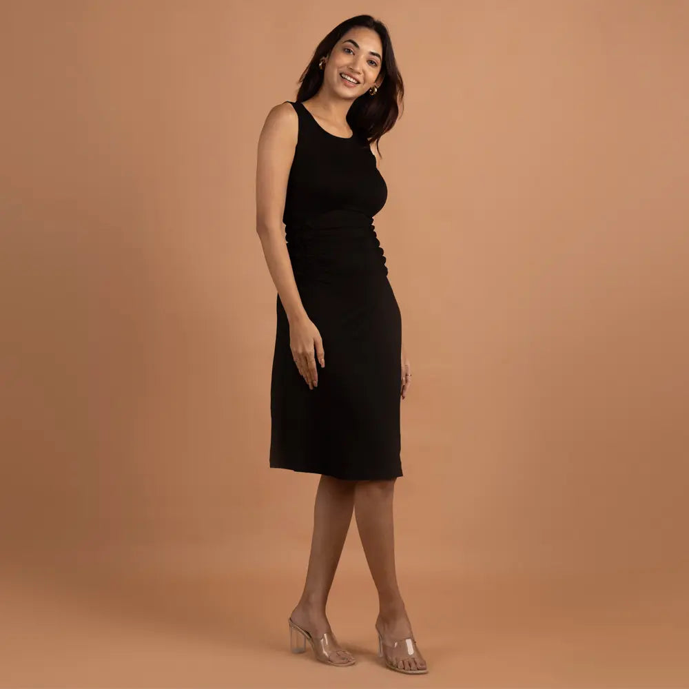 Block Hop Black Sleeveless Gathered Dress - Black, Size - XL