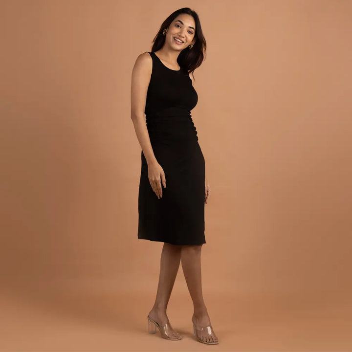 Block Hop Black Sleeveless Gathered Dress - Black, Size - XL