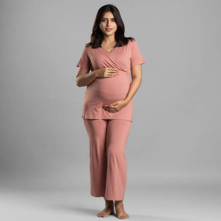 Block Hop Old Rose Maternity Co-Ord Set - Old Rose, Size - XXL