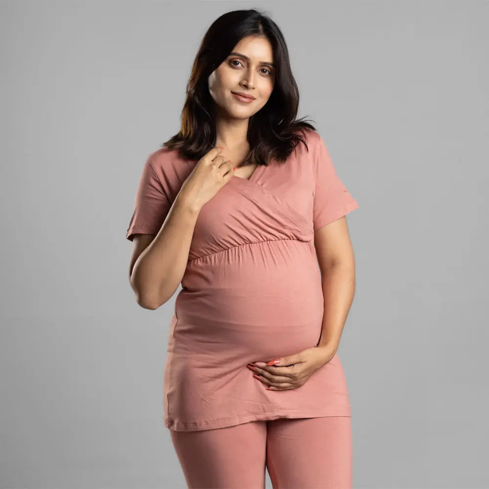 Block Hop Old Rose Maternity Co-Ord Set - Old Rose, Size - XXL