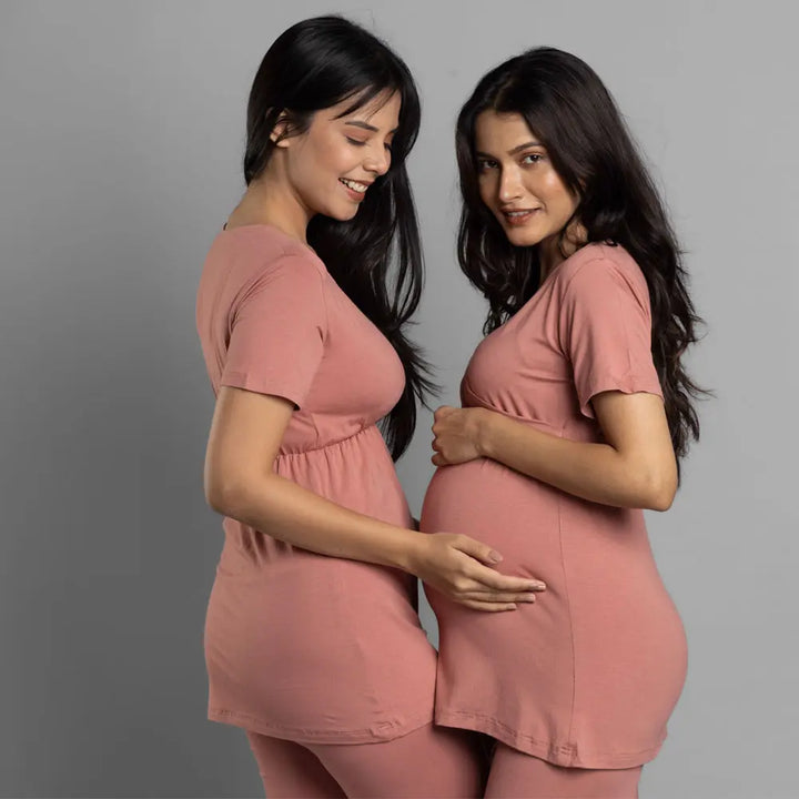 Block Hop Old Rose Maternity Co-Ord Set - Old Rose, Size - XXXL