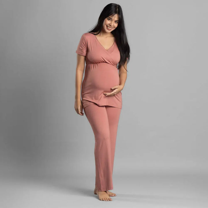 Block Hop Old Rose Maternity Co-Ord Set - Old Rose, Size - XXXL