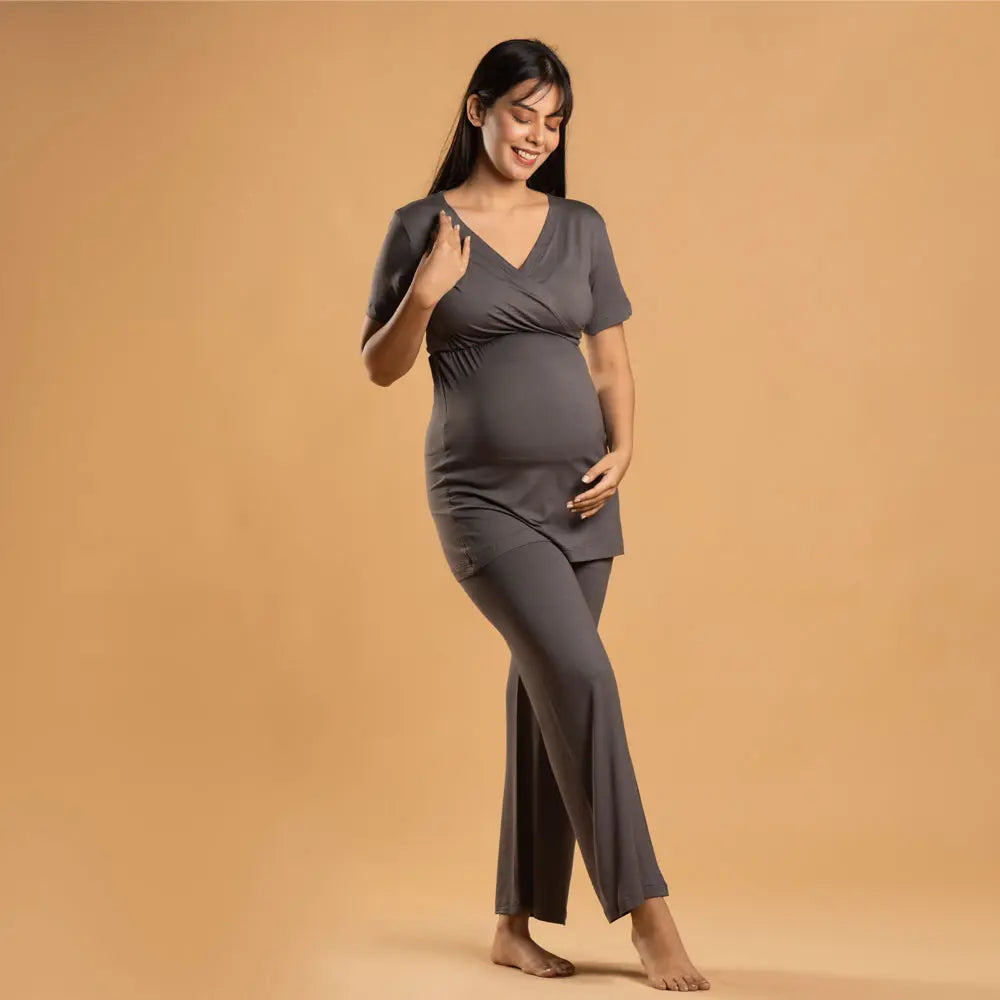 Block Hop Charcoal Grey Maternity Co-Ord Set - Charcoal Grey, Size - XXXL