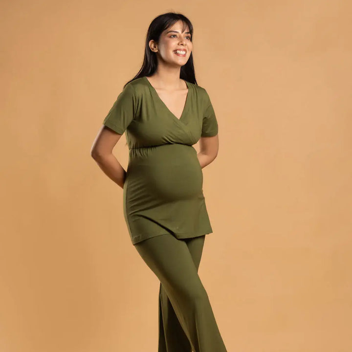 Block Hop Olive Maternity Co-Ord Set - Olive, Size - XXXL