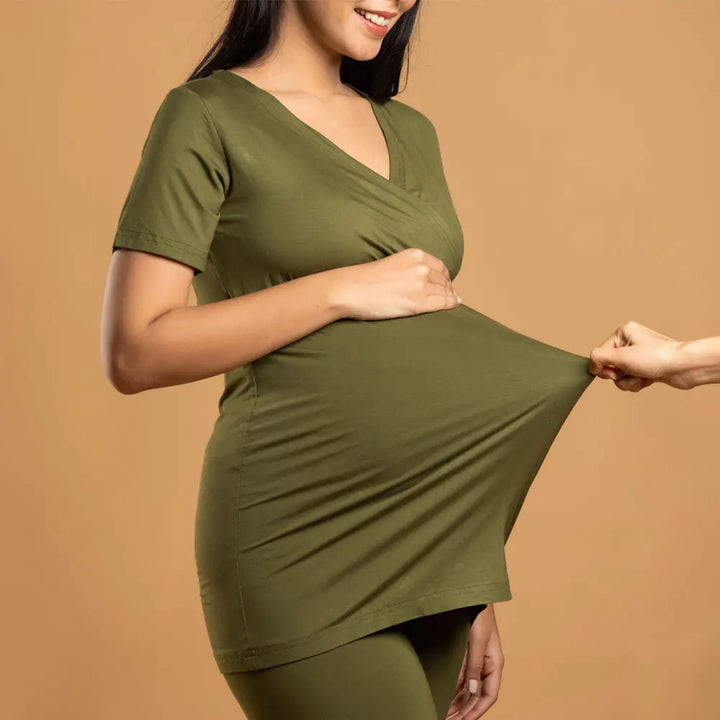 Block Hop Olive Maternity Co-Ord Set - Olive, Size - XXXL