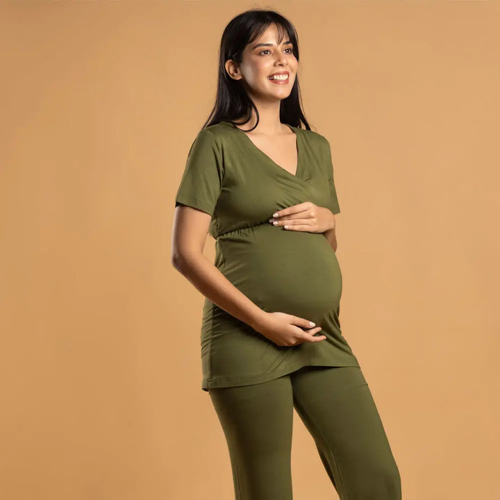 Block Hop Olive Maternity Co-Ord Set - Olive, Size - XXL
