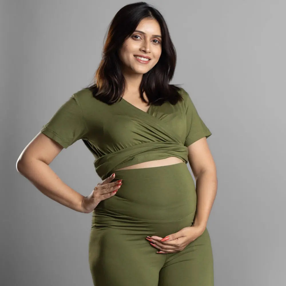 Block Hop Olive Maternity Co-Ord Set - Olive, Size - XXXL