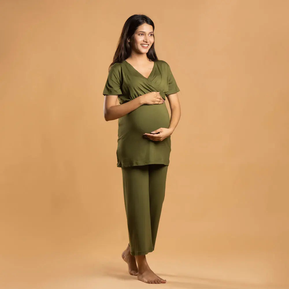 Block Hop Olive Maternity Co-Ord Set - Olive, Size - XXXL