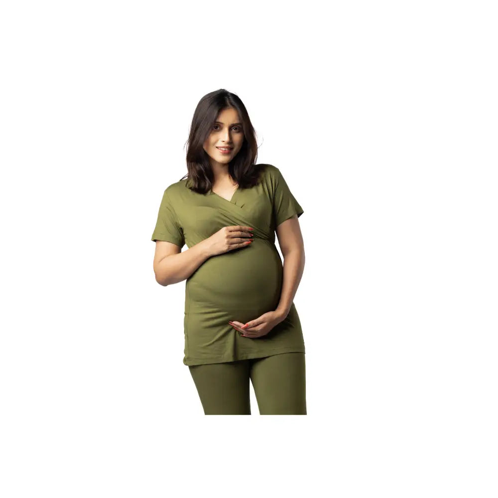 Block Hop Olive Maternity Co-Ord Set - Olive, Size - XXXL