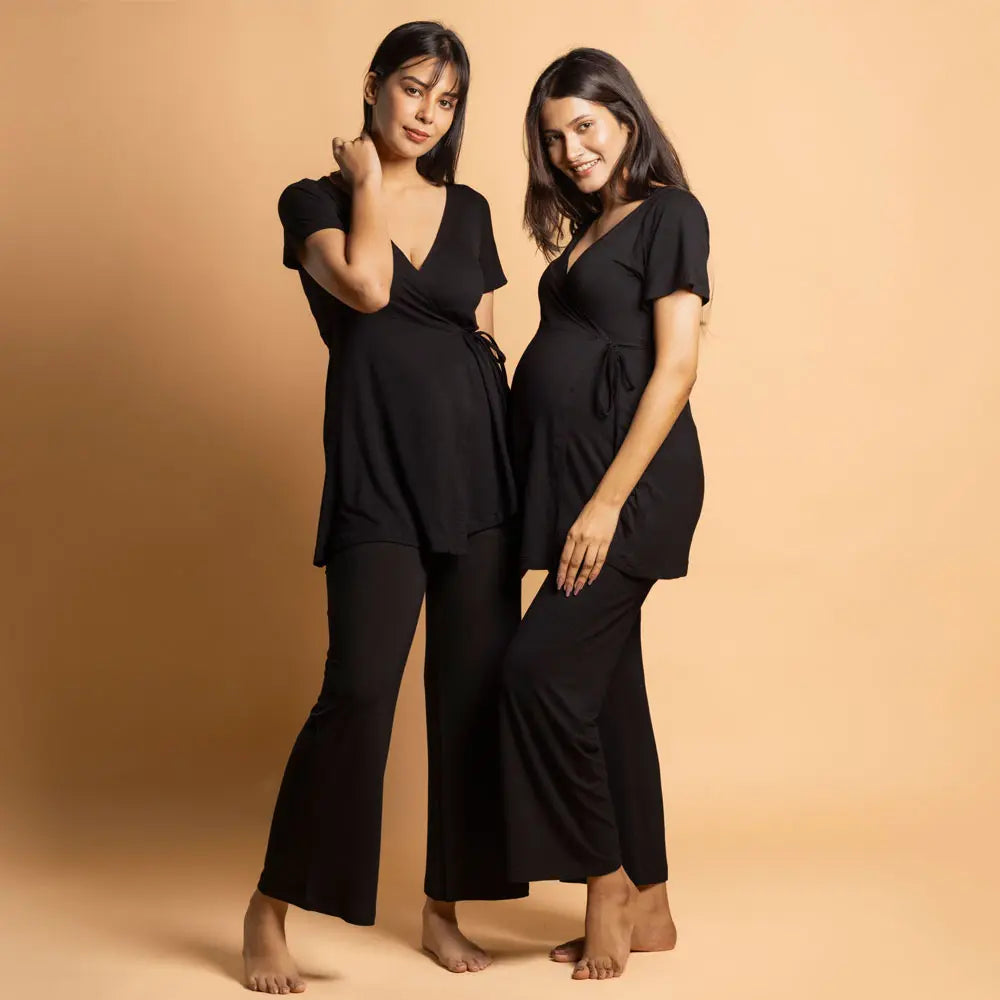 Block Hop Black Maternity Wrap Co-Ord Set - Black, Size - XXL