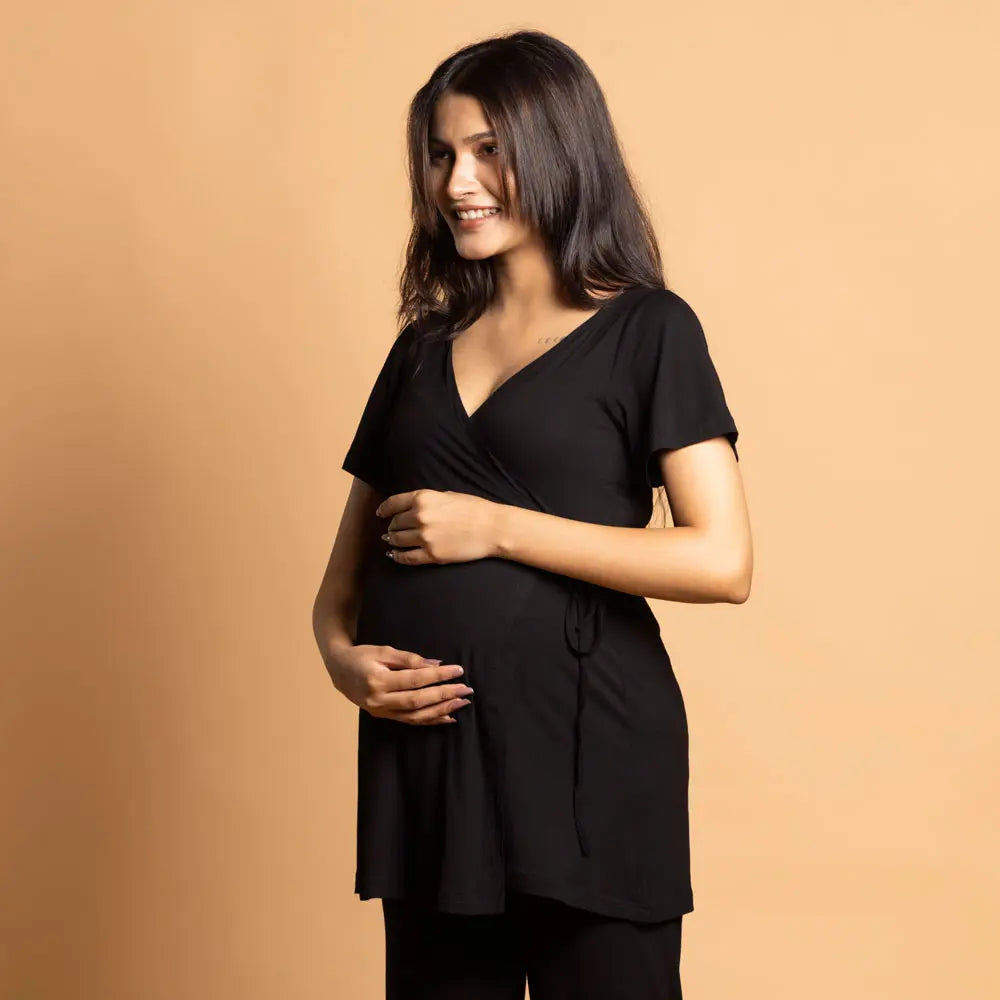 Block Hop Black Maternity Wrap Co-Ord Set - Black, Size - XXL