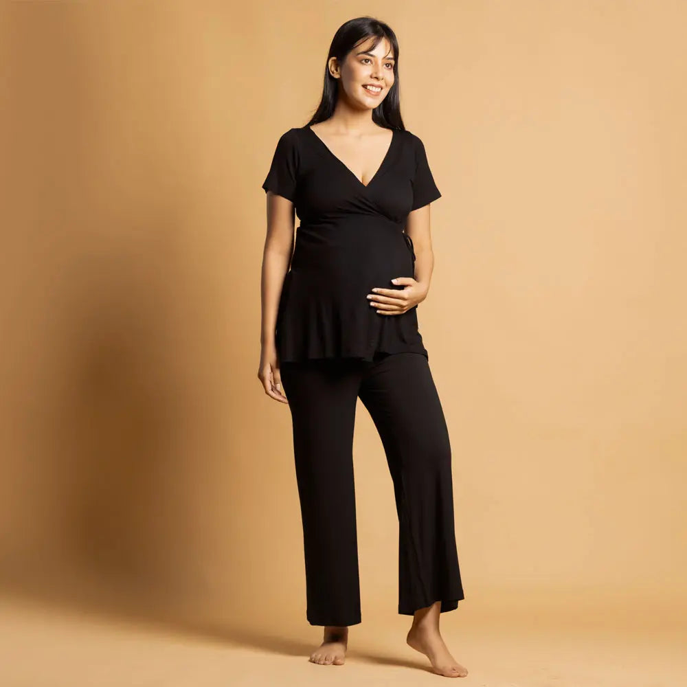 Block Hop Black Maternity Wrap Co-Ord Set - Black, Size - XXL