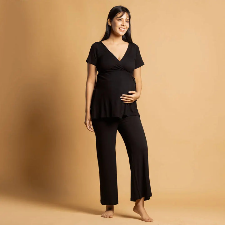 Block Hop Black Maternity Wrap Co-Ord Set - Black, Size - XXL