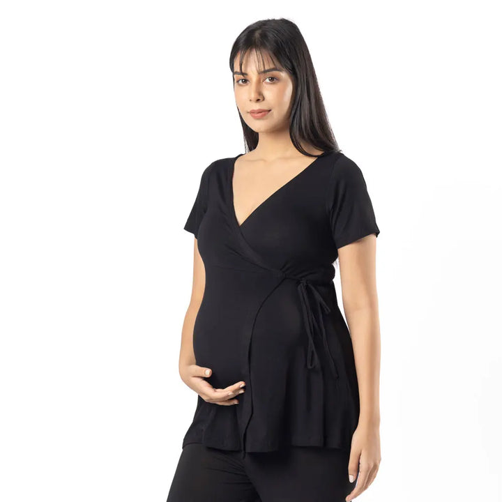 Block Hop Black Maternity Wrap Co-Ord Set - Black, Size - XXL