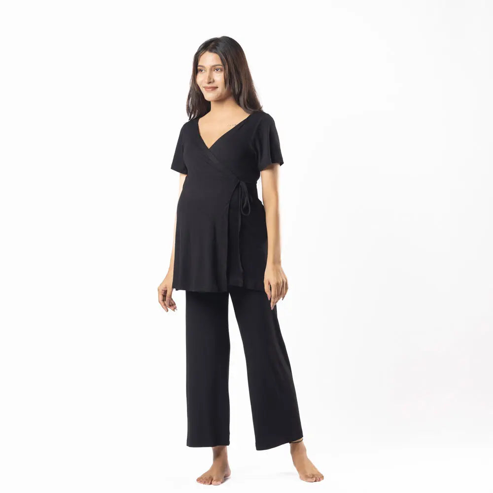 Block Hop Black Maternity Wrap Co-Ord Set - Black, Size - XXL