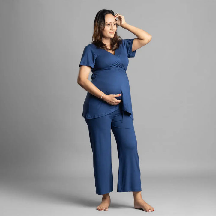 Block Hop Blue Maternity Wrap Co-Ord Set - Blue, Size - XXL