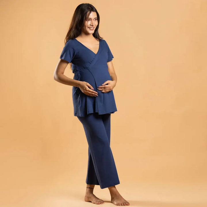 Block Hop Blue Maternity Wrap Co-Ord Set - Blue, Size - XXL