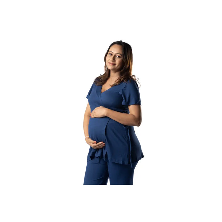 Block Hop Blue Maternity Wrap Co-Ord Set - Blue, Size - XXXL