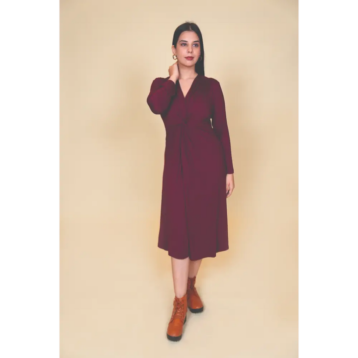 Block Hop Wine Knotted Dress - Wine, Size - L