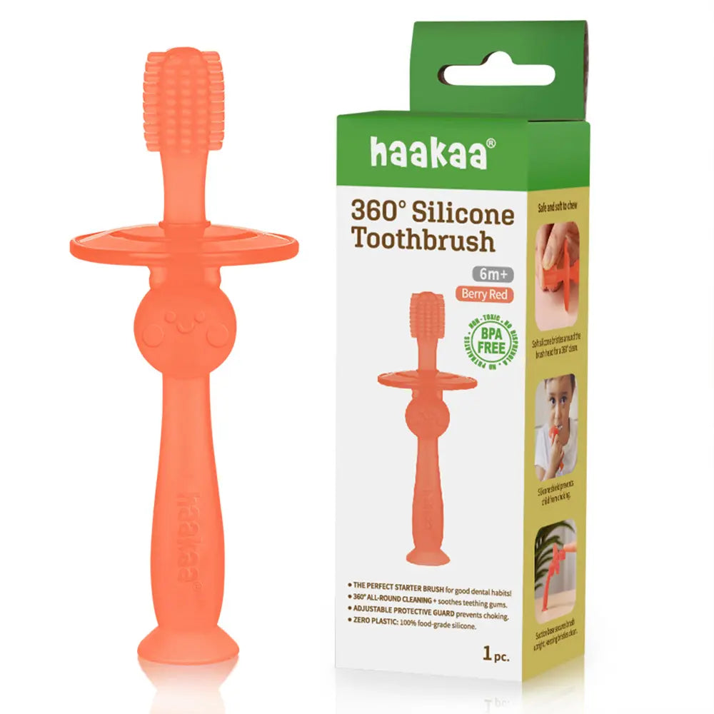 Haakaa 360° Silicone Toothbrush – Soft All-Round Bristles for Infant Oral Care – Berry Red