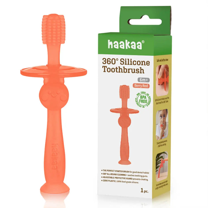 Haakaa 360° Silicone Toothbrush – Soft All-Round Bristles for Infant Oral Care – Berry Red