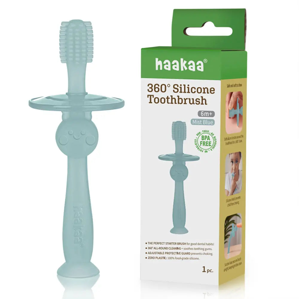 Haakaa 360° Silicone Toothbrush – Soft All-Round Bristles for Infant Oral Care – Mist Blue