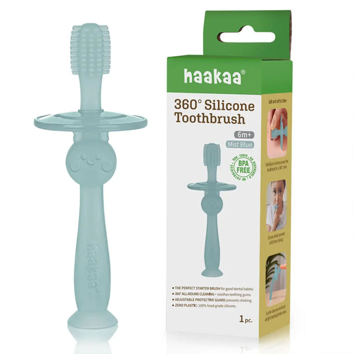 Haakaa 360° Silicone Toothbrush – Soft All-Round Bristles for Infant Oral Care – Mist Blue